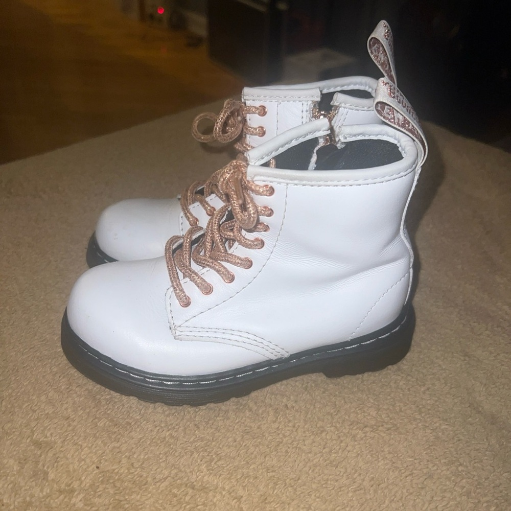 Dr. Martens White Kids Boots with Pink Laces